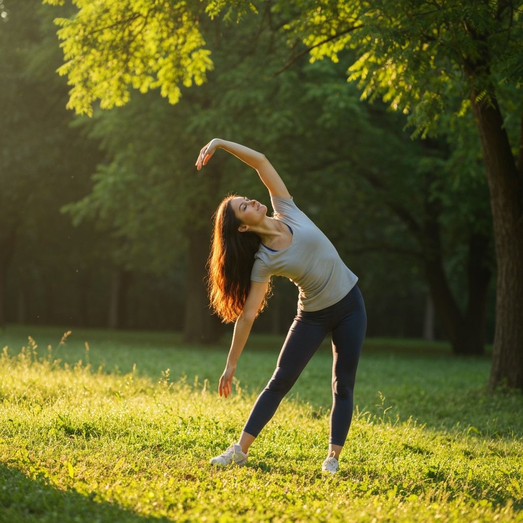 Person stretching in natural setting